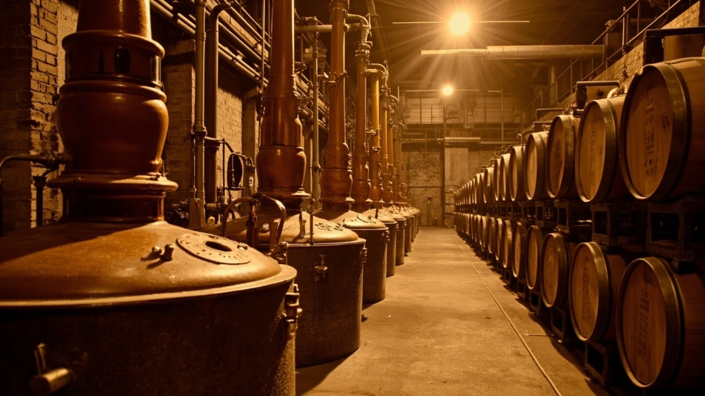 A sepia-toned archival photograph of a 2013 bourbon distillery interior