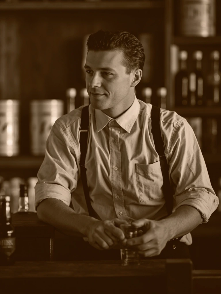 A sepia portrait of a 2013 Louisville bartender behind an oak bar