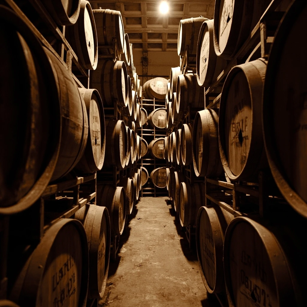 Scanned plate of a rickhouse aisle with charred oak barrels